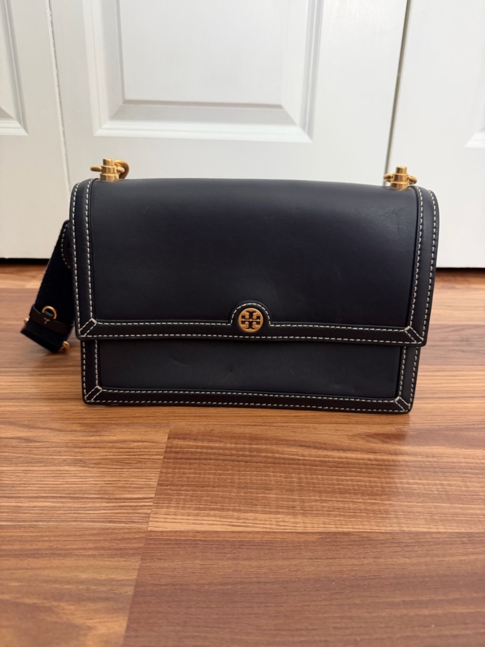 Tory Burch Black Leather Crossbody with Contrast White Stitching